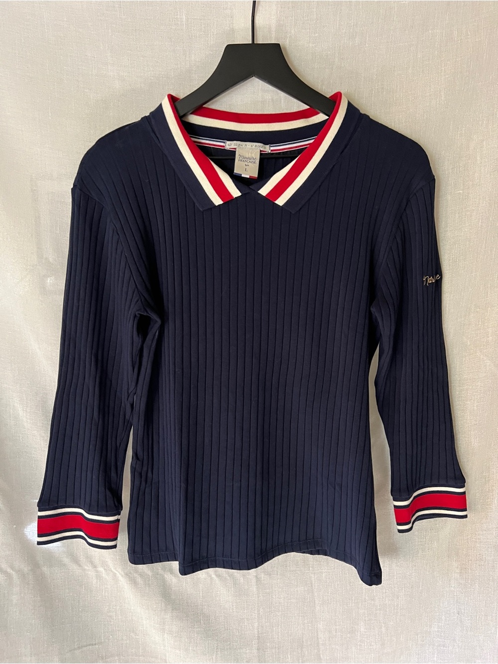 La Marinière Française Ribbed Knit Top Navy Red White French Nautical Size L